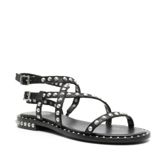 ASH Petra Silver Studded Sandals in Black Leather Size 7 EU 38 New - Picture 1 of 4